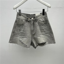 white summer ripped gray high-waisted shorts slimming raw edge straight cotton denim casual shorts female tide