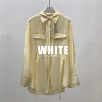 WHITE Silk Cotton Thin Long-sleeved Shirt Waist Lapel Lapel Tie Slim Shirt Lapel Sunscreen Top Female Autumn