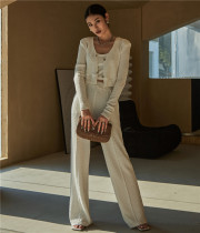 White Skinny Sense Knitted Straight Pants Korean High Waist Casual Pants Lop Wide Leg Pants Women's Autumn