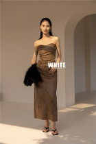 WHITE high-end high-waist long skirt with hips and waist looks thin 2022 autumn new style Feminine slit leather skirt