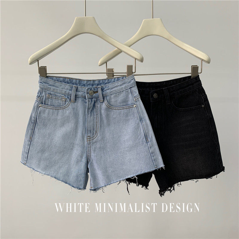 WHITE Cotton Denim Straight Burr Shorts Port Casual High Waist Skinny Wide Leg Black Hot Pants Women's Summer