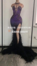 TT high-end nightclub bar singer djds dance team gogo purple diamond side slit trailing long dress dress