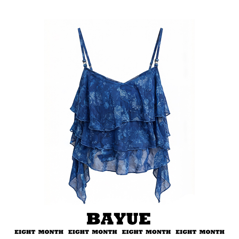 Klein Blue Jacquard Ruched Ruffle Strapless Women's Summer Sleeveless Tank Top Pure Desire Hot Girl Cake Layer Top
