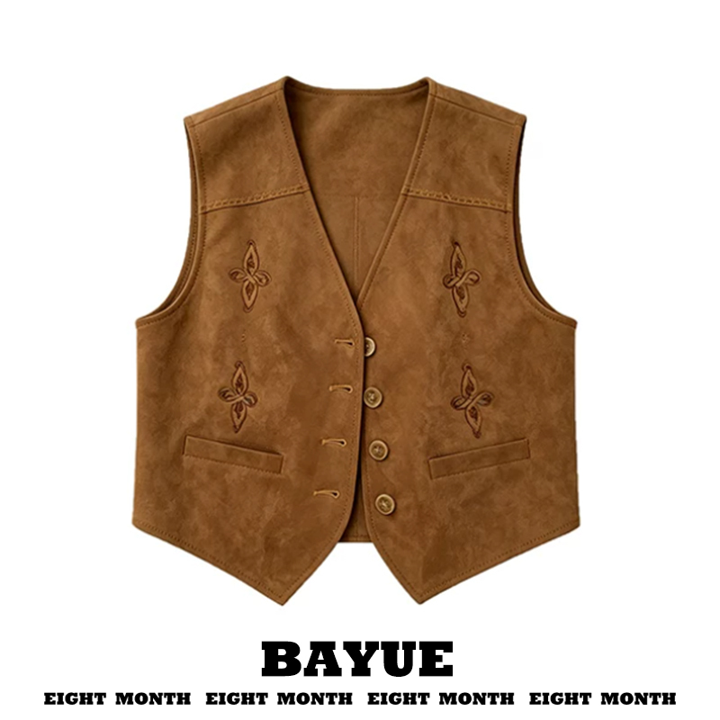 Brown Suede Embroidered Vest for Women, Autumn Outerwear, V-Neck Waistcoat, Vintage Layered Sleeveless Short Vest Brown Suede Embroidered Vest for Women, Autumn Outerwear, V-Neck Waistcoat, Vintage Layered Sleeveless Short Vest