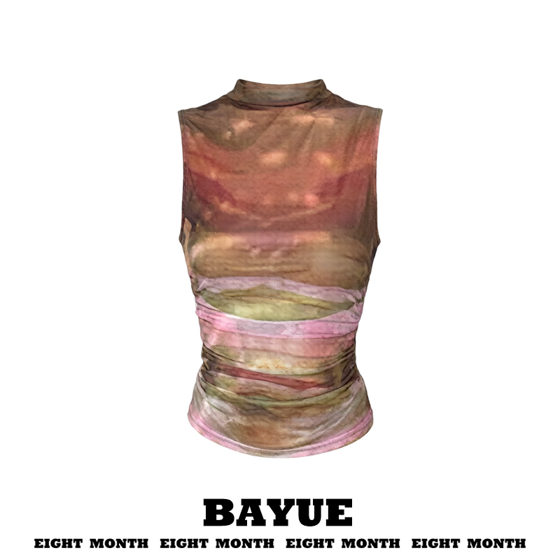 Retro Gradient Smudged Double-Layer Mesh Vest for Women, Summer Outer Wear, Thin Half-High Collar, Pleated Slim-Fitting Sleeveless Top