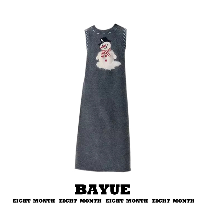 Christmas Snowman Pattern Sweater Vest Dress for Women, Autumn and Winter Korean Style Cute Layered Sleeveless Long Knitted Dress