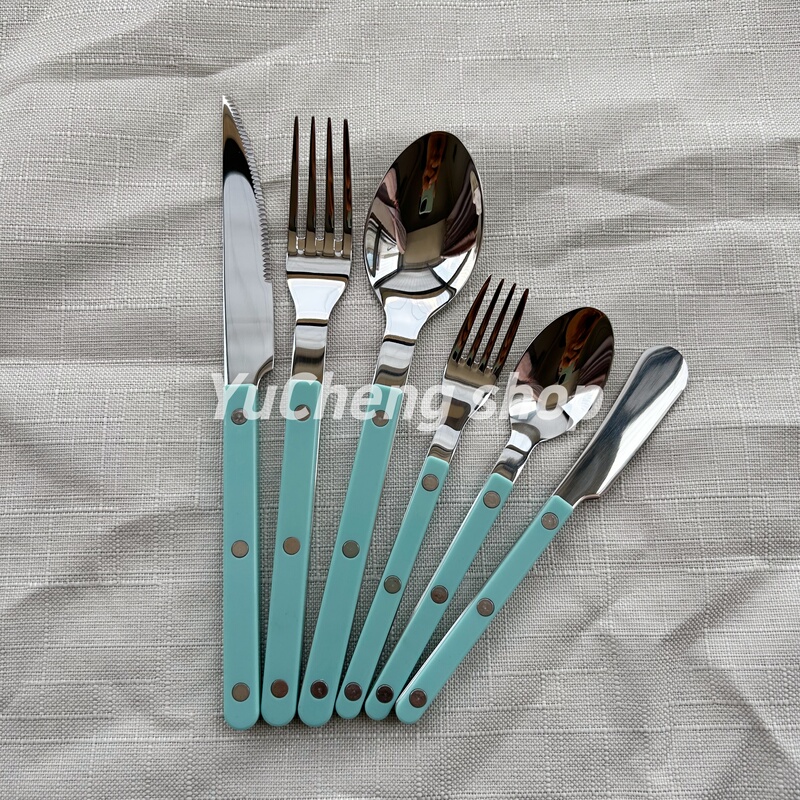 Stainless Steel ins Mint Blue French Rivet Handle Western Cutlery Set Dessert Fork and Spoon High-End Tableware Stainless Steel ins Mint Blue French Rivet Handle Western Cutlery Set Dessert Fork and Spoon High-End Tableware