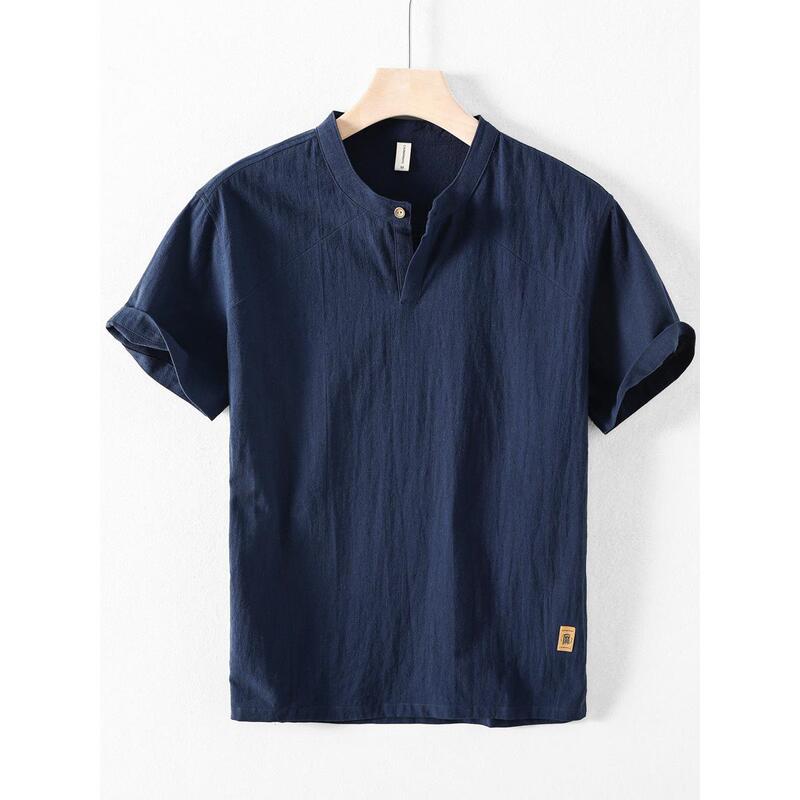Exported to Italy! Summer Men's Short-Sleeved Linen Shirt, Casual Round-Neck Cotton-Linen Short-Sleeved Shirt, Stand-Up Collar, Chinese Style Exported to Italy! Summer Men's Short-Sleeved Linen Shirt, Casual Round-Neck Cotton-Linen Short-Sleeved Shirt, Stand-Up Collar, Chinese Style