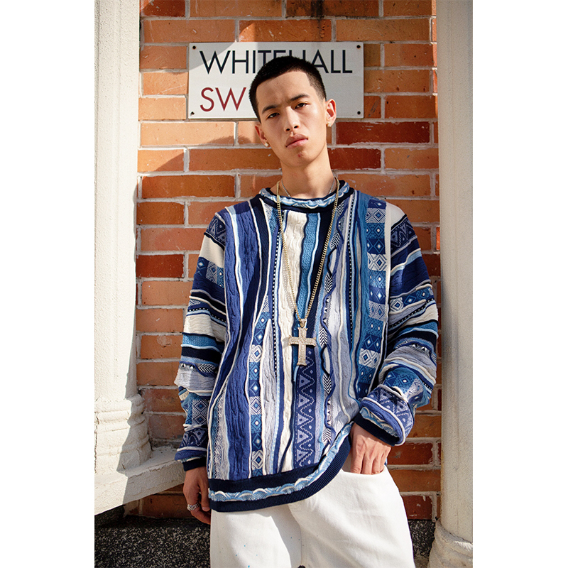 Medria Retro Sweater Pop Art Bitter Melon Stripes Ethnic Style Textured Cleanfit Sweater Coogi Men