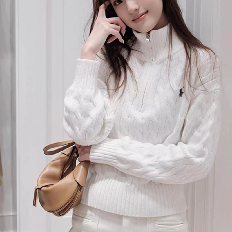 Hong Kong Direct Mail Ralph Lauren Women's Pure Cotton Half-Zip Stand Collar Knit Sweater with Pony Logo