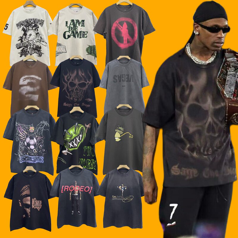 Correct Version Travis Scott American High Street Short-Sleeve T-Shirt for Men, Loose Fit, Vintage Washed Print, Trendy Brand, Summer