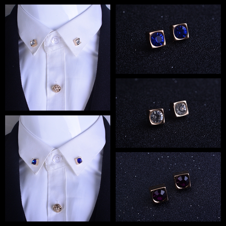 Korean-Style Small Jewelry Crystal Brooch Square Rhinestone Lapel Pin Shirt Collar Clip for Women and Men