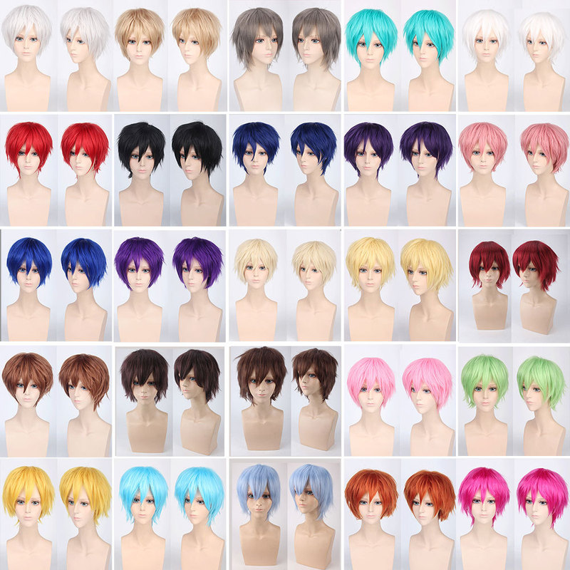 Dark and Light Gold, Red, Blue, Green, Purple, Brown, Short Hair with Reversed Curls, Pink, Silver, Black, Synthetic Hair, Cosplay Wig
