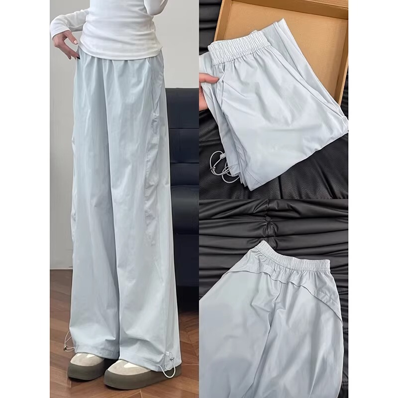 145cm Petite Blue Quick-Dry Cargo Pants for Women, Spring and Autumn, 150cm High-Waisted, Loose, Slimming, Wide-Leg Casual Sports Pants, Size XS