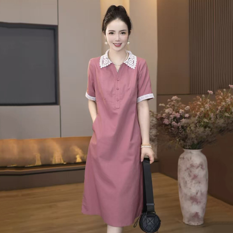 Korean Style Lapel Lace Color-Blocked Dress for Women 2026 Summer New Short-Sleeved Slimming Mid-Length Pink Plus Size Dress Korean Style Lapel Lace Color-Blocked Dress for Women 2026 Summer New Short-Sleeved Slimming Mid-Length Pink Plus Size Dress