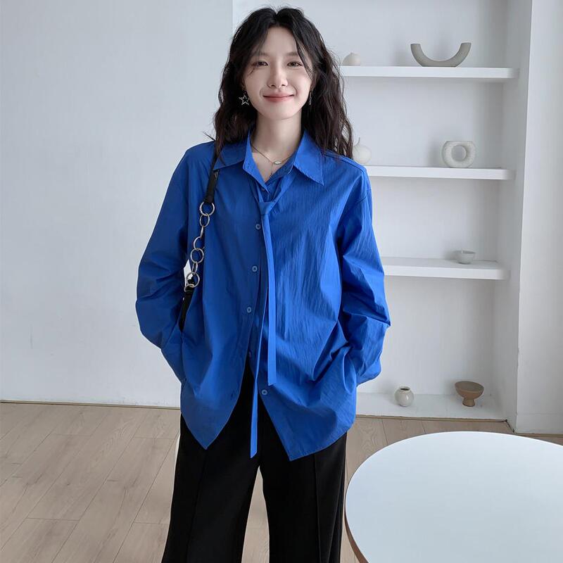 French-Style High-End Ribbon Blue Shirt for Women, Long-Sleeved, New Spring/Summer Style, Casual Oversized Shirt Jacket, Super Pretty Top