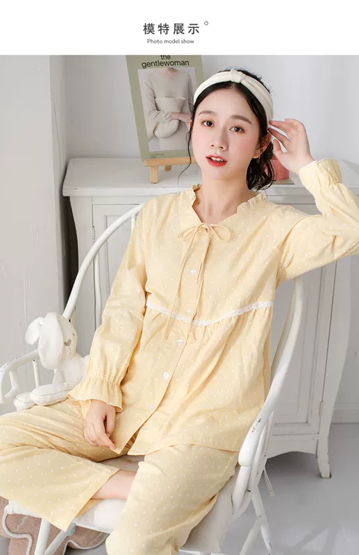 Nhật Bản ngọt ngào chấm bi cotton gạc đồ ngủ của phụ nữ mùa xuân và mùa hè dài tay cotton đi ra ngoài bộ đồ phục vụ tại nhà giản dị - Cặp đôi