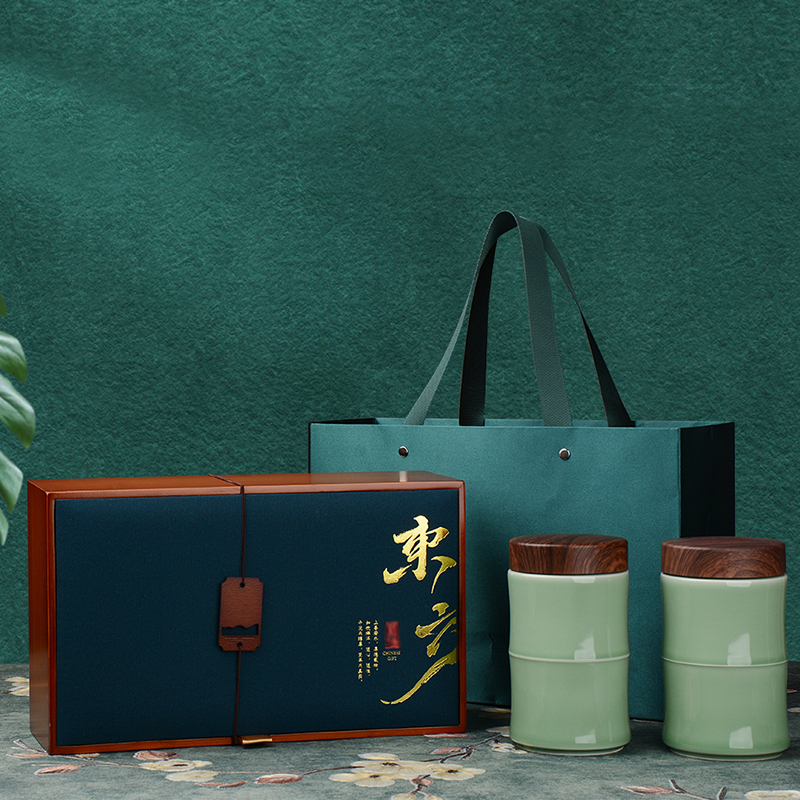 High-grade bamboo box Longquan celadon double-can tea box empty gift box green tea white tea powder tea gift box empty box