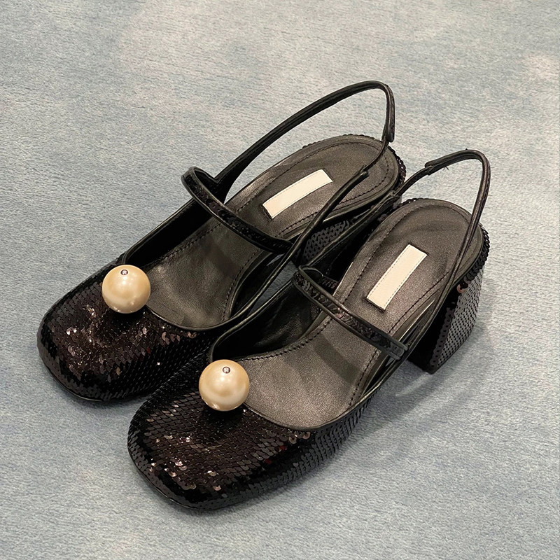 OMG Black Good-looking Duck Miu Home Girl Mary Rare Shoes Pearl High Heel Shoes Woman Baotou Coarse Heel Sandal Girl