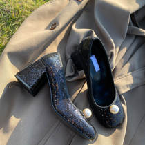 OMG Black Good-looking Ducks Miu Home Girl Mary Rare Shoes Pearl High Heels Female Bridesmaid Coarse Heel Single Shoe Woman