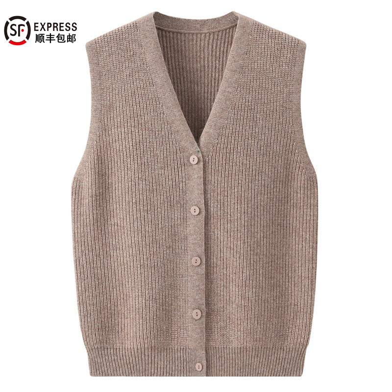 Middle-Aged and Elderly Women's Solid Color Cashmere Cardigan Vest, V-Neck, Warm, Large Size, Loose, Thickened Vest for Older Women