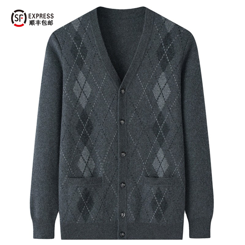 2025 Middle-Aged and Elderly Men's Cashmere Sweater with V-Neck, Large Size Cardigan, Thickened and Warm Cashmere Sweater for Dad and Grandpa
