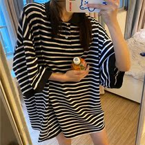 Maternity black and white striped t-shirt medium long loose cotton half sleeve POLO shirt back Donald duck lazy top