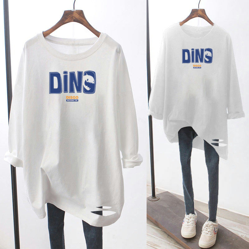 Pregnant women in spring and summer dress 2022 new medium - long - range blouse loose letters round - collar white tops T - shirt
