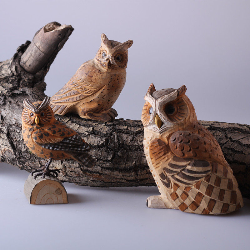 Solid wood Artisanal Engraving Animal Cat Owl Swing Piece Home Ornament Small Pieces Living Room Desktop Creative Craft Gift Hem Accessories Log