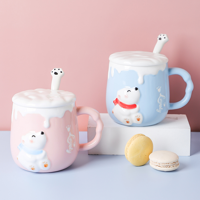 High value mug with lid spoon ceramic cup children cute girl couple drinking water home personality coffee