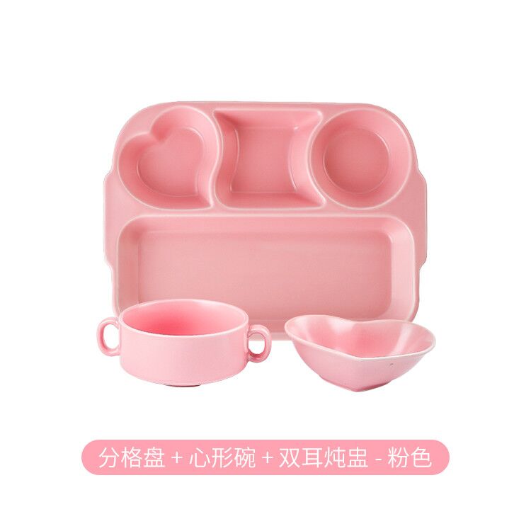 11 Inch Four Grid Plate - Pink + Heart Shaped Bowl + Double Ear Soup CupDiet meal plate ceramics ration Fat reduction Dinner plate children Dinner plate Eat for one Three grid Grid separate Separate meals household