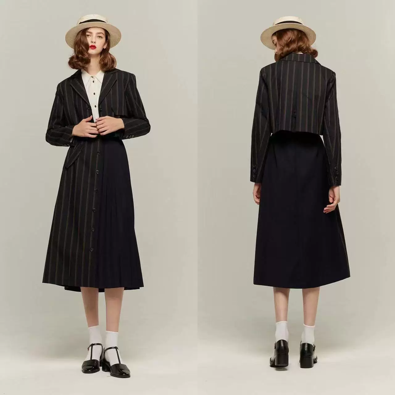 Short classic suit jacket, set, pleated skirt