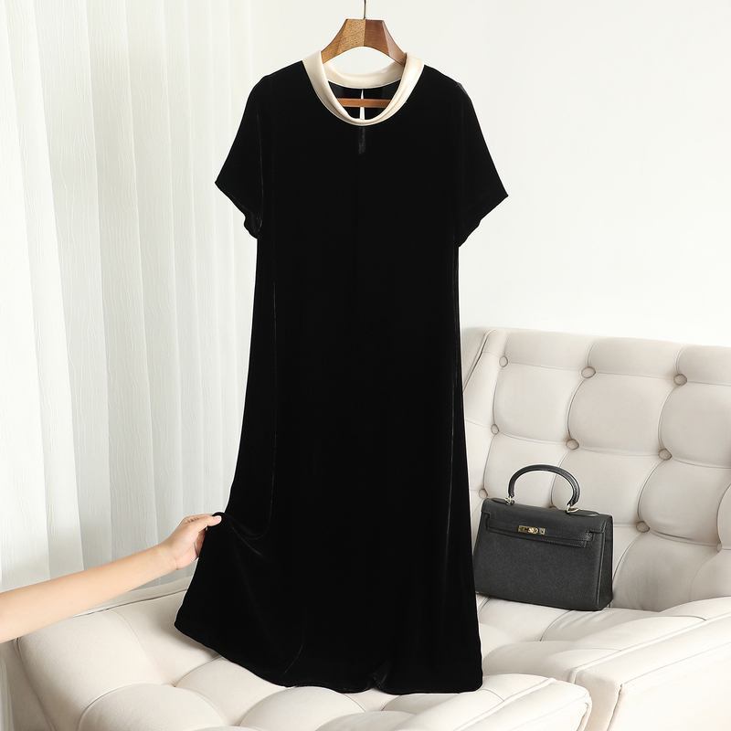 French Light Luxury Style Contrasting Collar Silk Velvet Dress for Women 2026 Summer New Model, Slimming Mid-Length Dress That Covers the Body