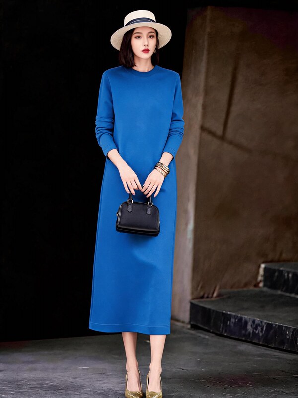 Light Luxury New Style Royal Blue Long-Sleeved Dress, Elegant and Unique, Chic Long Dress with Round Neck, Loose Fit, Slimming and High-End Light Luxury New Style Royal Blue Long-Sleeved Dress, Elegant and Unique, Chic Long Dress with Round Neck, Loose Fit, Slimming and High-End
