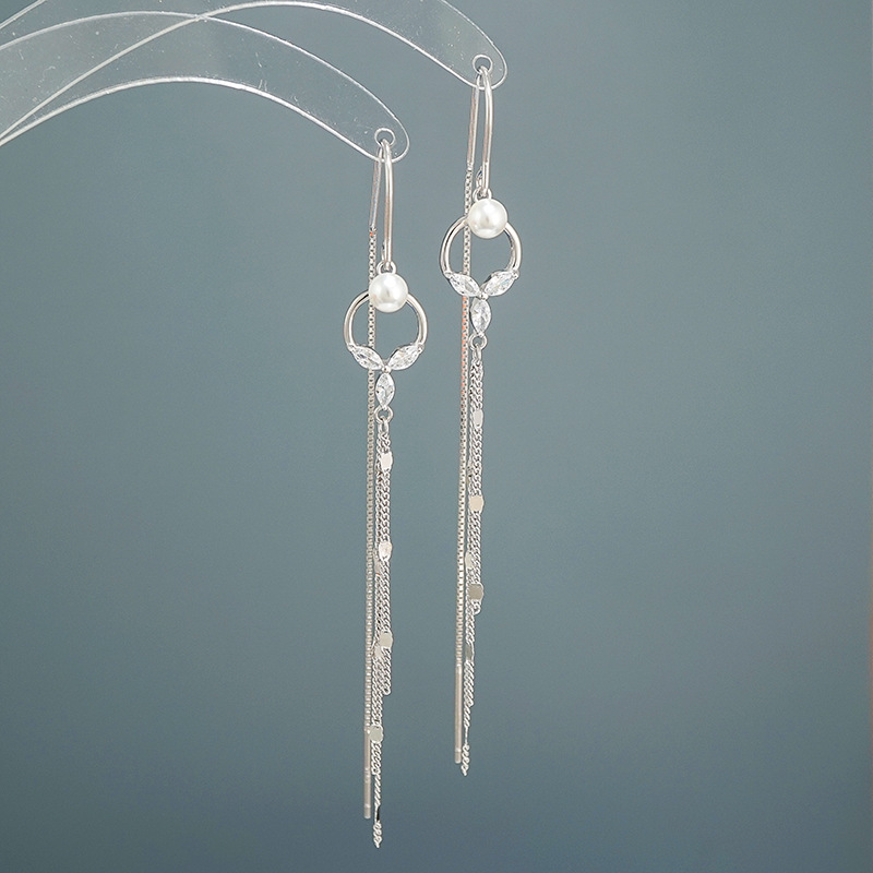 2021 new trend silver pearl zircon earrings network red long - version Su fashion ladies trendy ear decorations