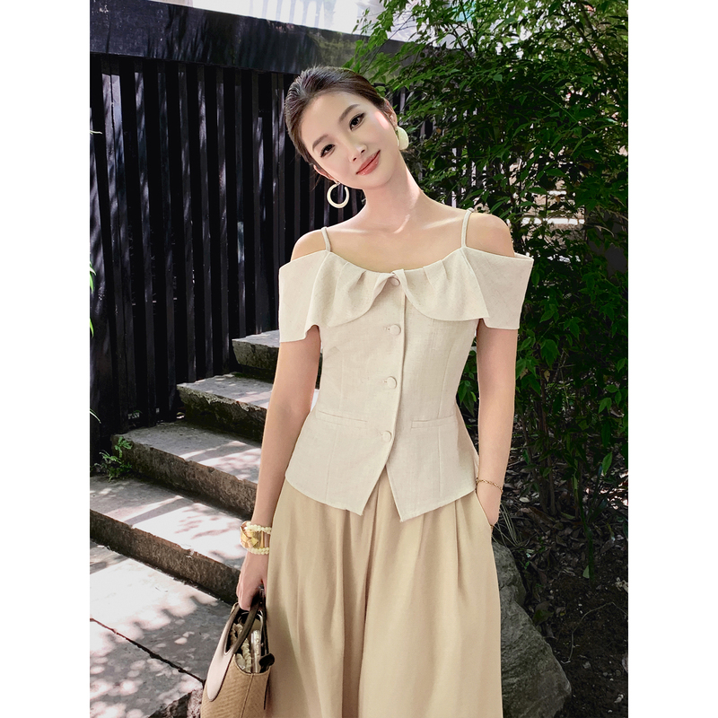 Gemqi Lazy Style Off-Shoulder Strap Blouse Summer Off-Shoulder Waist-Cinching Slim Fit Elegant Top