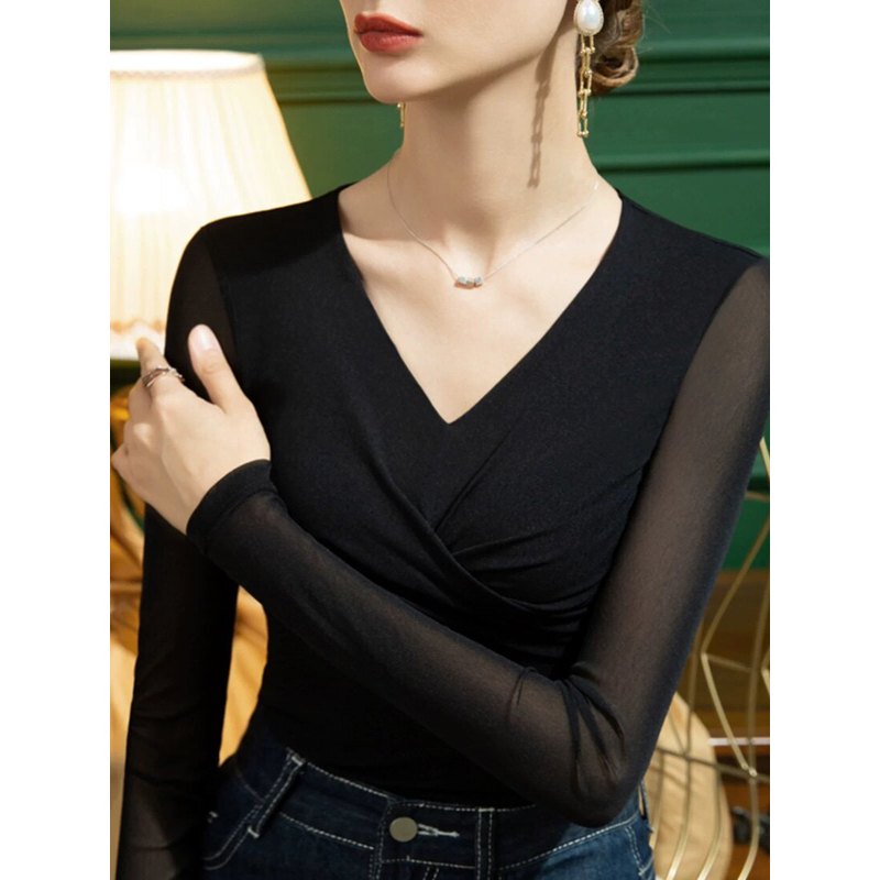Spring Fashion Cross V-Neck Sheer Blouse, Sweetheart Neckline Women's Mesh T-Shirt, Long-Sleeve Dance Sheer Top
