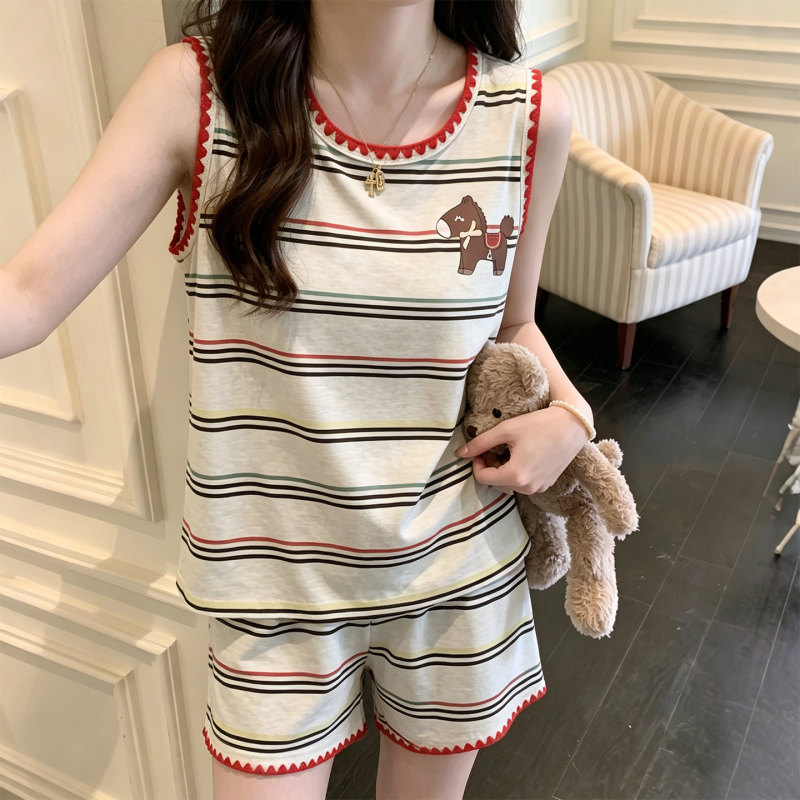 2026 New Summer Women's Cute Sleeveless Pajamas Striped Plus Size Set Loungewear Can Be Worn Outside 2026 New Summer Women's Cute Sleeveless Pajamas Striped Plus Size Set Loungewear Can Be Worn Outside
