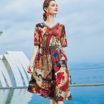 Mulberry Silk Real Silk One-piece Dress Lady V Collar 2022 New Summer Method Vintage Style Retro Loose Printed Hangzhou Silk Dress