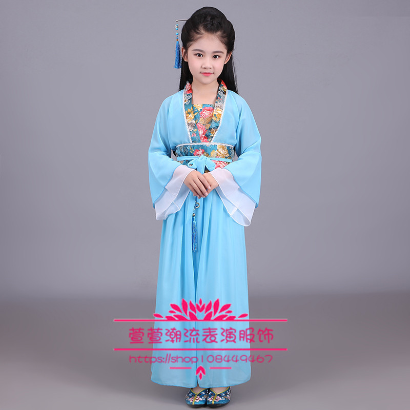 Trang phục trẻ em cổ tích Hanfu chaise cải thiện cô bé studio hiệu suất hình ảnh trang phục khiêu vũ guzheng bộ ông già noel trẻ em