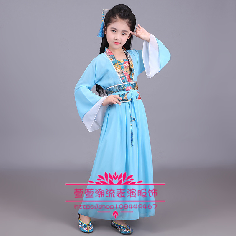 Trang phục trẻ em cổ tích Hanfu chaise cải thiện cô bé studio hiệu suất hình ảnh trang phục khiêu vũ guzheng bộ ông già noel trẻ em
