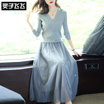 2019 fall new light ripeny wind in long style Body Nail Pearl Netting Stitch Knit Two-piece Suit Dress Woman