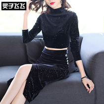 Autumn and winter slim-fit waist bag hip black turtleneck sequin split gold velvet inner tie bottoming two-piece dress