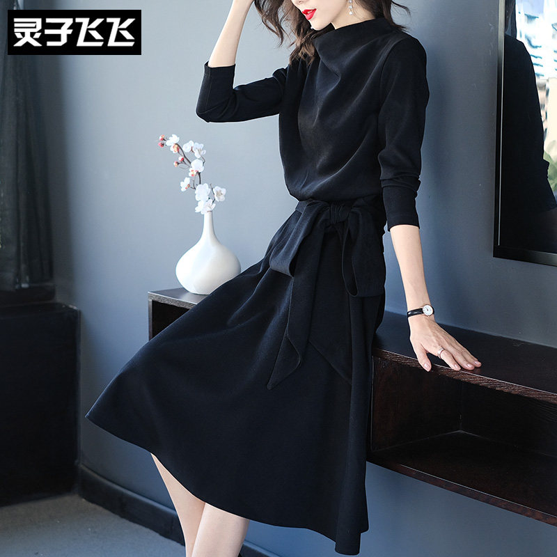 Autumn winter black long bow tie belt waist show thin temperament stand collar long sleeve inside build bottom dress