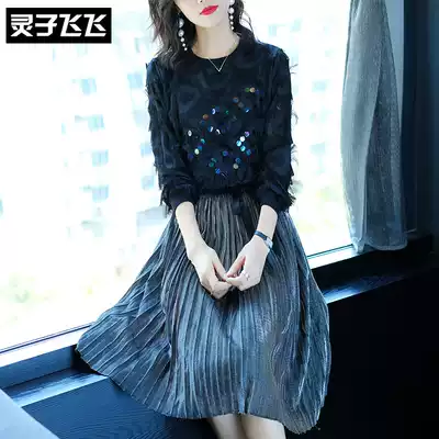 2018 autumn new black long sleeve nail bead sequin tassel feather pleated pendulum two piece suit dress women
