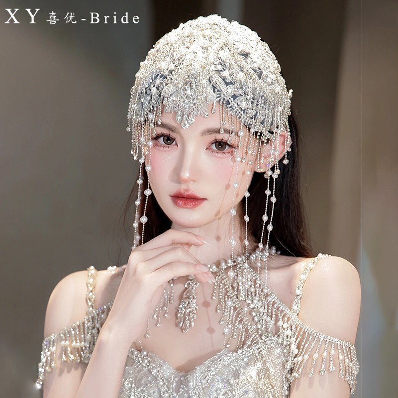 Xiyou's New Heavy Industry Embroider Retro Bridal Headwear Hand-Beaded Tassel Forehead Drop Gauze Hat Wedding Dress Accessories Xiyou's New Heavy Industry Embroider Retro Bridal Headwear Hand-Beaded Tassel Forehead Drop Gauze Hat Wedding Dress Accessories