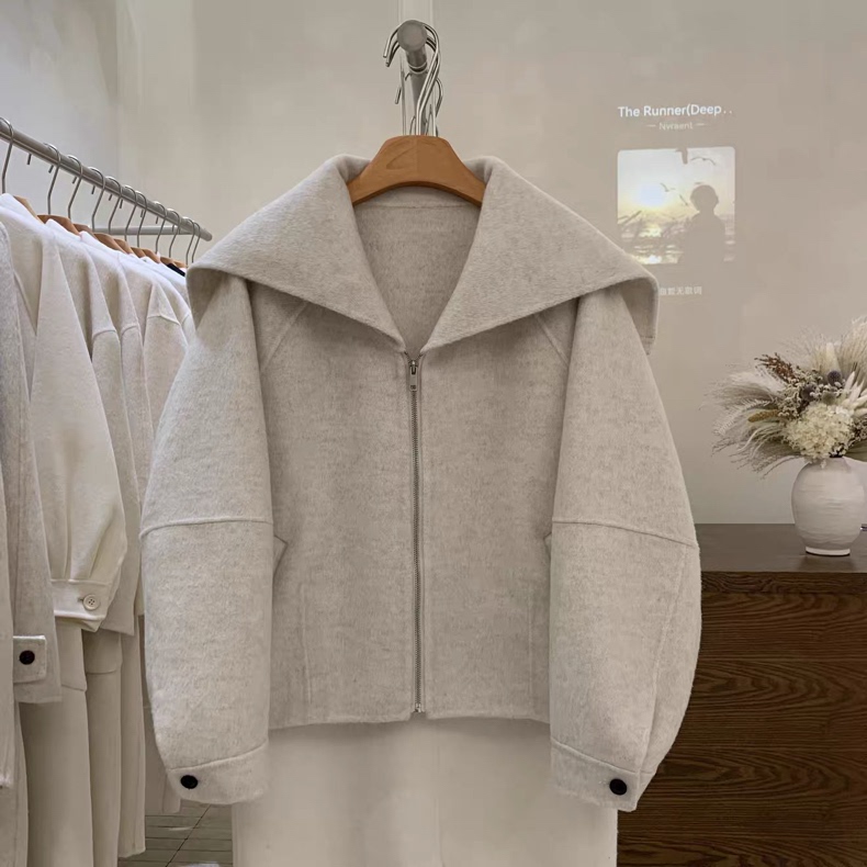 Navy Collar Zipper Double-Sided Handmade Coat for Women, Short Style for Petite Figures, 2026 Autumn and Winter New Loose Wool Jacket
