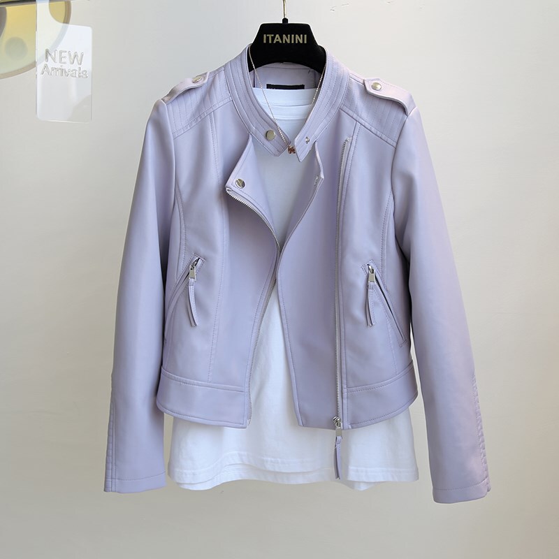 Women's Short Leather Jacket 2025 Autumn New Korean Style Stand Collar Slim Fit Versatile Long Sleeve Biker Jacket Pu Leather Jacket