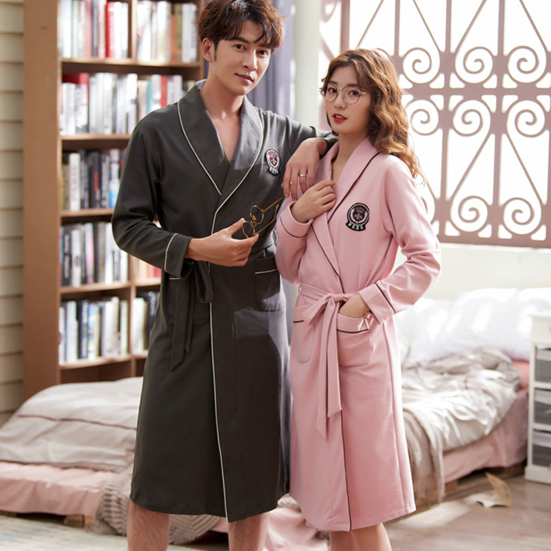 Korean version couple's nightgown spring and autumn pure cotton long-sleeved mid-length bathrobe pajamas men's women's cotton home clothes autumn