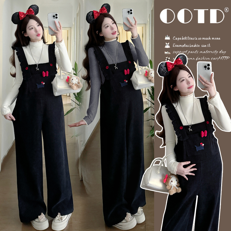 Maternity Overalls Autumn and Winter New Style Age-Reducing Fashionable Korean Version Slimming Fleece-Lined Warm Wide-Leg Pants and Base Shirt Two-Piece Set Maternity Overalls Autumn and Winter New Style Age-Reducing Fashionable Korean Version Slimming Fleece-Lined Warm Wide-Leg Pants and Base Shirt Two-Piece Set